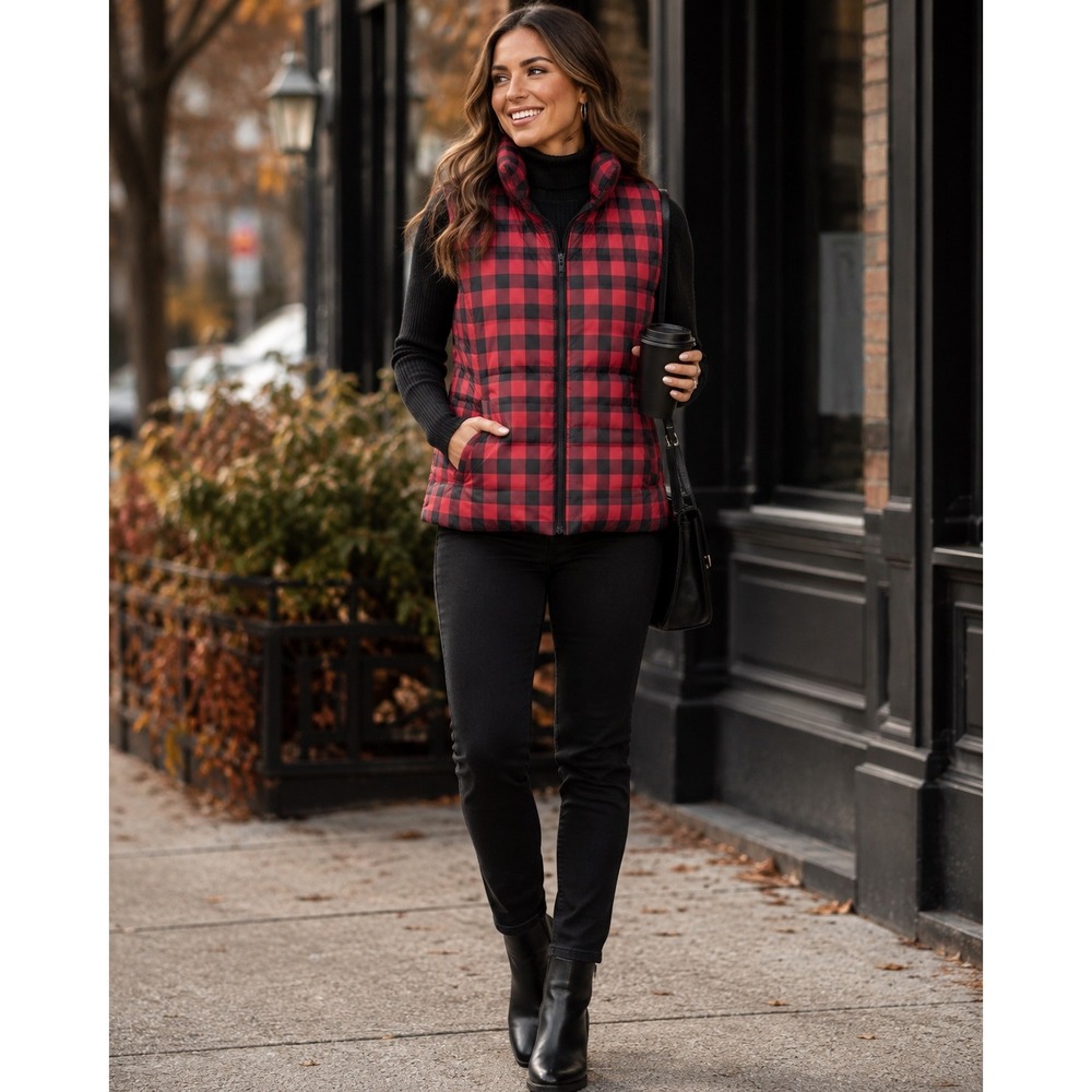 Lands' End Puffer Vest Women Large 14-16 Red Black Buffalo Plaid Down Preppy